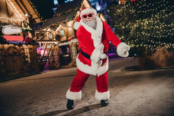 Full Body Photo Overjoyed Crazy Santa Claus Dancing Have Fun — Stock Photo, Image
