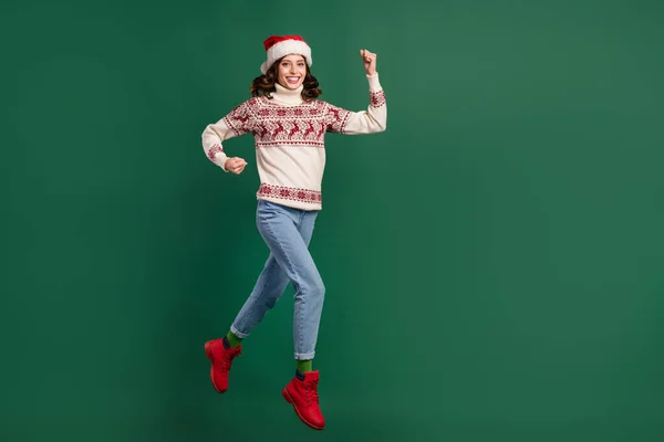 Full Body Photo Excited Pretty Lady Jumping Running Raise Fists — Stock Photo, Image