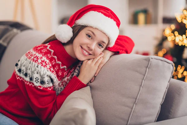 Portrait Sweet Positive Young Girl Sit Comfy Sofa Rest Relax — Stock Photo, Image
