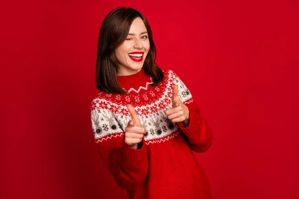 Portrait Good Mood Cheerful Woman Bob Hairdo Dressed Red Sweater — Stock Photo, Image