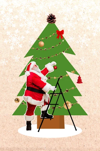 Vertikal Kreative Fotocollage Illustration Der Positiven Guten Laune Weihnachtsmann Schmückt — Stockfoto