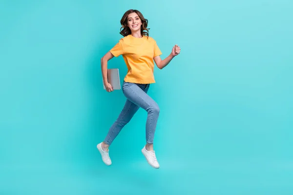 Full Length Photo Shiny Adorable Lady Wear Yellow Shirt Jumping — Stock Photo, Image
