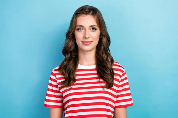 Photo Adorable Cheerful Young Lady Wear Striped Clothes Smiling Isolated — Stock Photo, Image