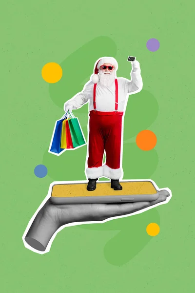 Vertical Collage Picture Arm Hold Cellphone Display Mini Santa Shopping — Stock Photo, Image