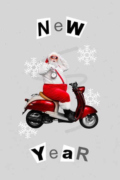 Vertical collage image of amazed funky aged santa drive moped bike hold clock new year text painted snowflakes festive season.