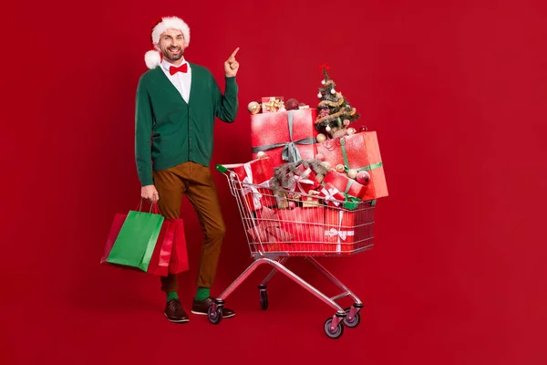 Full Length Photo Smiling Gentleman Groomed Man Wear Santa Hat — Stock Photo, Image