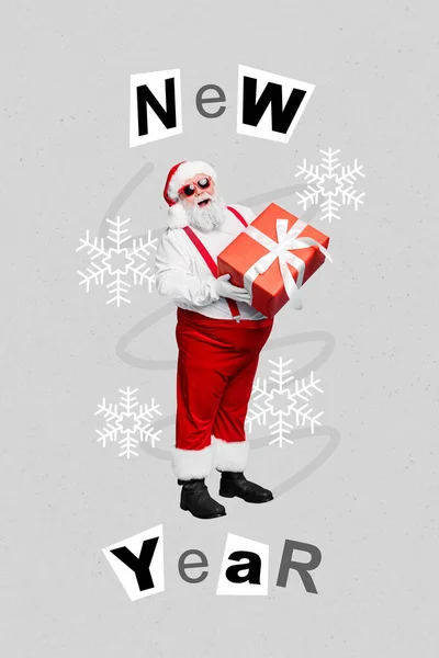 Collage Vertical Imagen Positivo Funky Santa Claus Manos Celebrar Regalo —  Fotos de Stock