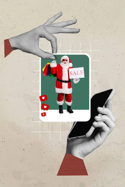 Kreative Poster Collage Von Armen Die Gerät Halten Gadget Social — Stockfoto