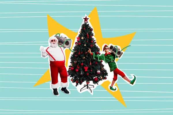 滑稽的桑塔爪精灵助推器吊盒跳舞Dj圣诞节圣诞树的复合拼贴图像欢快地狂欢派对 — 图库照片