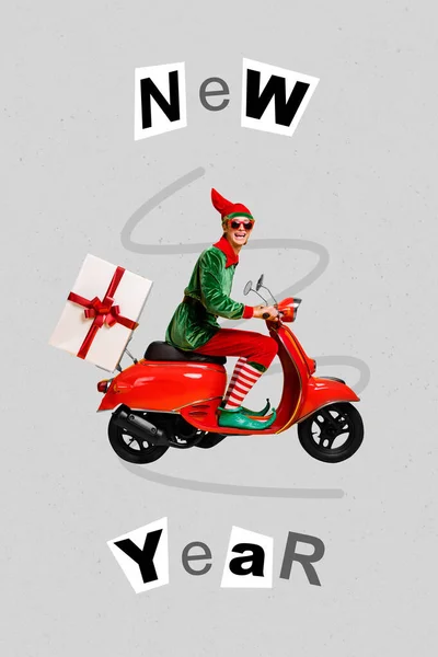 Imagen Collage Vertical Elfo Excitado Conduciendo Una Bicicleta Ciclomotor Entregar —  Fotos de Stock
