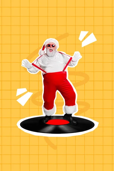 Collage Vertical Image Père Noël Excité Dansant Grandes Mains Disque — Photo