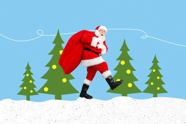Kreatywny Kolaż Obraz Funky Dziadek Santa Claus Walking Trzymać Nosić — Zdjęcie stockowe