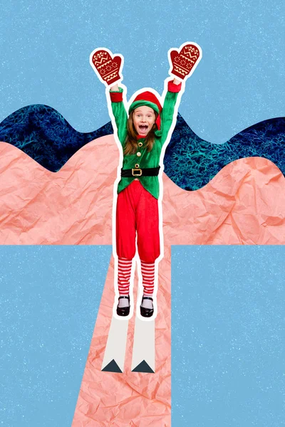 創造的な写真3Dコラージュアートワークポスター肯定的な陽気な性格のスキーのはがきは 絵画の背景に隔離された楽しみを持っています — ストック写真