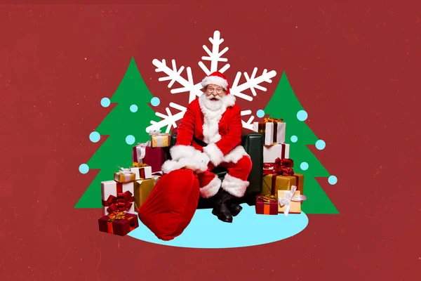 Kreative Collage Foto Von Art Lustig Positive Weihnachtsmann Bereit Geschenke — Stockfoto