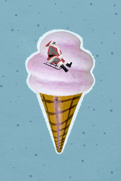 Exclusive magazine picture sketch image of funky funny grandfather riding xmas sledges big huge ice-cream cone isolated painting background.