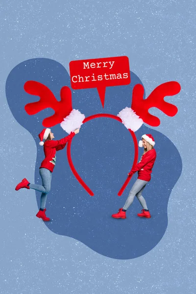 Collage Konstverk Grafik Bild Funky Leende Santa Assistenter Håller Stora — Stockfoto