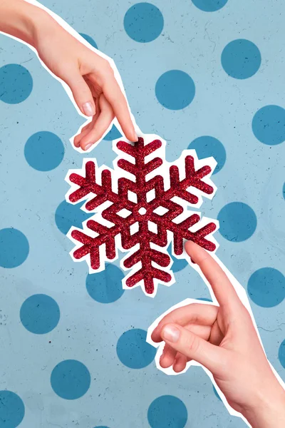 stock image Photo collage artwork minimal picture of arms holding together x-mas snowflake isolated drawing background.