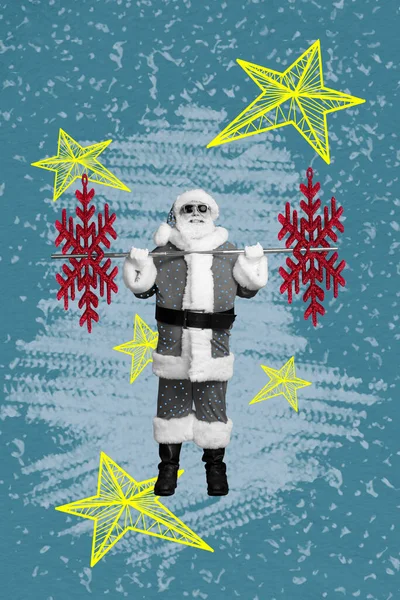 Collage Illustraties Grafisch Beeld Van Sterke Koele Grootvader Stijgende Sneeuwvlokken — Stockfoto