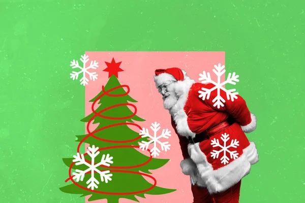 Lginç Noel Baba Görünümlü Boyutlu Fotoğraf Grafikleri Kolajı Çam Ağacı — Stok fotoğraf