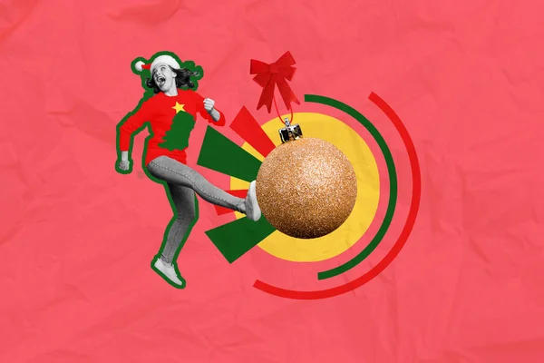 Collage 3d image of pinup pop retro sketch of funny funky lady beating xmas ball isolated painting background.