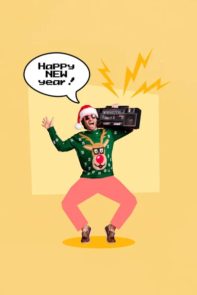 Kolaż Zdjęcie Młody Student Człowiek Nosić Zielony Brzydki Sweter Santa — Zdjęcie stockowe