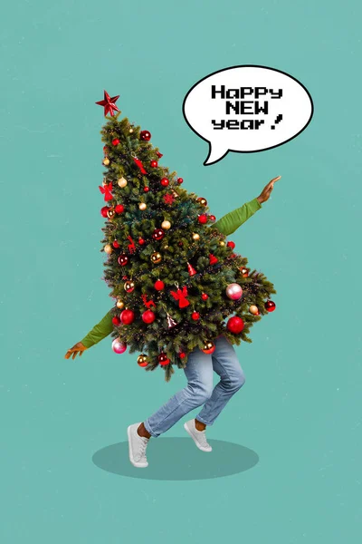面白い不注意な人の垂直創造的な写真のコラージュは 体の代わりに木を好む幸せな新年は青の色の背景に隔離したい — ストック写真