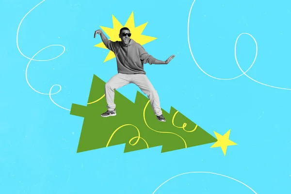 創造的な写真3Dコラージュアートポスターポスター絵の背景に隔離されたクリスマスツリーを飛んで若い狂気の人のパンフレットの画像 — ストック写真