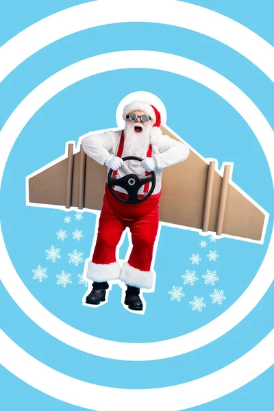 Vertical Collage Picture Funky Aged Santa Hands Hold Wheel Flying — Stock Photo, Image