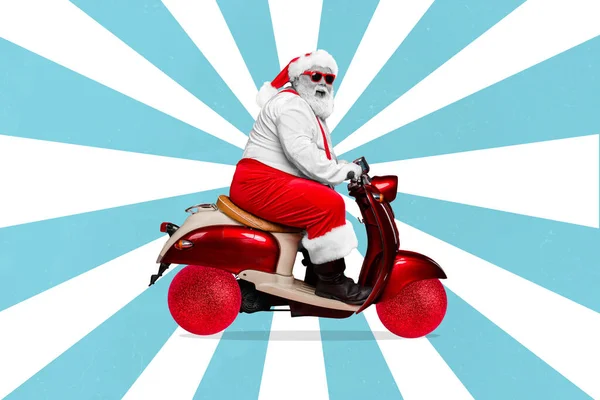 Komposit Collage Illustration Glada Funky Farfar Santa Enhet Cykel Moped — Stockfoto