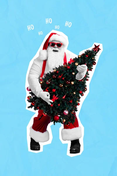 Imagem Colagem Vertical Animado Overjoyed Velho Pai Natal Mãos Segurar — Fotografia de Stock