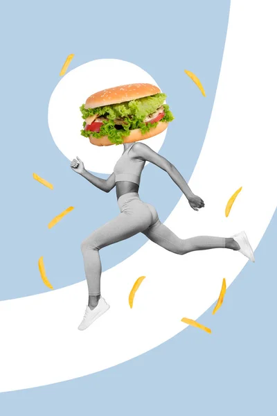 Vertikale Kreative Collage Bild Von Lustigen Attraktiven Sportlerin Sportbekleidung Laufen — Stockfoto