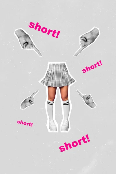 腕の指の黒の白い色の複合創造的なコラージュ女の子の足の短いスカートは灰色の背景に隔離 — ストック写真