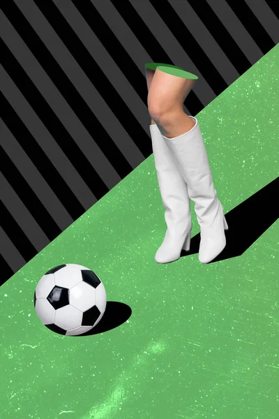 Vertical Collage Image Girl Cropped Legs Wear White Boots Football — Stock Photo, Image