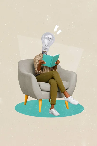 Colagem Banner Vertical Lâmpada Homem Vez Cabeça Sentar Ler Livro — Fotografia de Stock