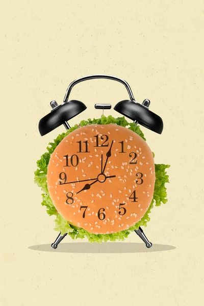 Verticale Creativo Collage Illustrazione Foto Orologio Allarme Hamburger Hamburger Fast — Foto Stock