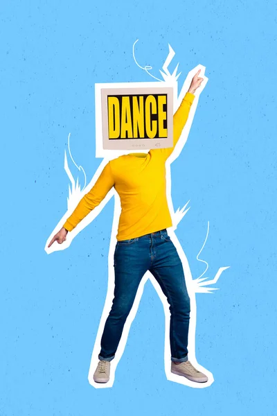 垂直創造的なコラージュ写真のイラストのヘッドレスエネルギッシュなクレイジー男は青の色の背景に孤立ナイトクラブで踊る — ストック写真