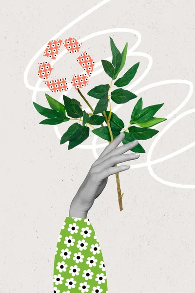 Kreativ Affisch Collage Hand Hålla Växt Blomma Återvinning Tecken Symbol — Stockfoto
