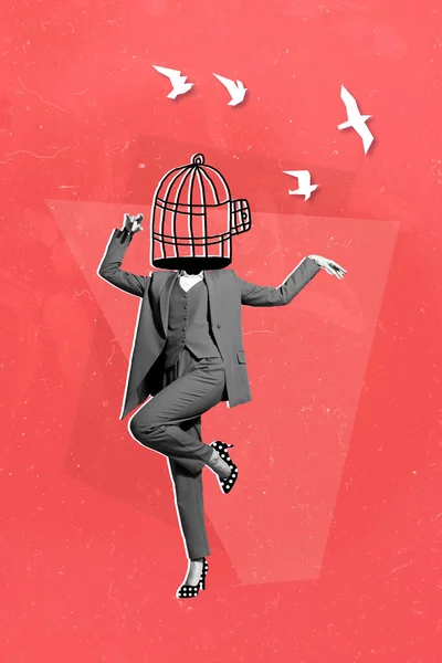 跳起舞的人黑白色效果笼的垂直拼贴图像 画红背景下的头顶彩绘鸟类 — 图库照片