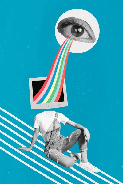 Retro Abstrakcyjne Twórcze Grafiki Szablon Kolaż Młoda Kobieta Ekran Telewizor — Zdjęcie stockowe