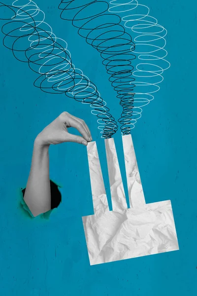 Összetett Kollázs Kép Kézben Tartásról Gyári Forma Papír Textúra Környezetszennyezés — Stock Fotó