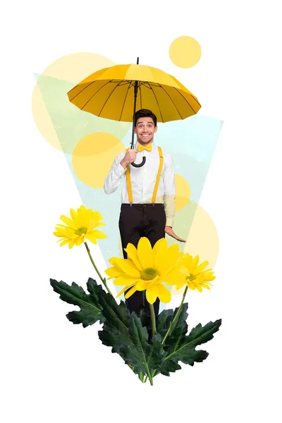 Vertical collage portrait of excited positive guy arm hold umbrella stand big yellow flower isolated on painted background.