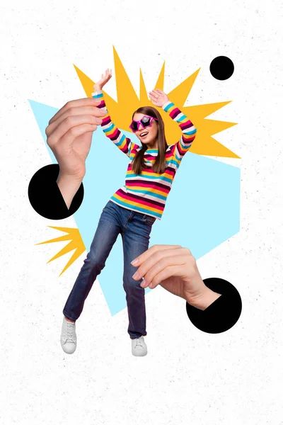 Vertical Colagem Composta Mãos Grandes Controlando Pouco Animado Menina Gosta — Fotografia de Stock