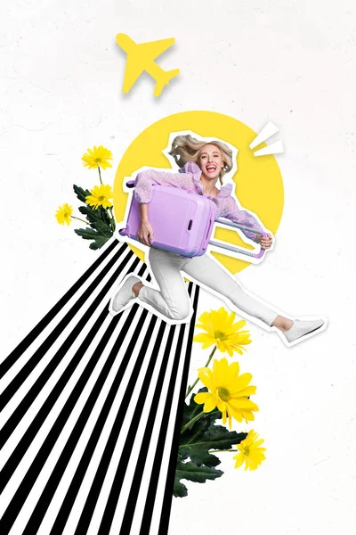 Vertikal Banner Collage Kvinnor Hoppa Med Väska Slitage Casual Tyg — Stockfoto