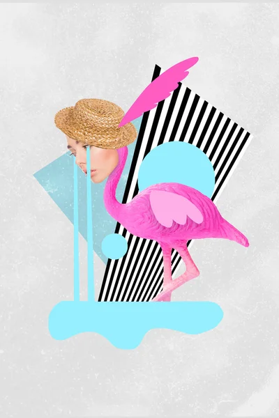 Colagem Bandeira Vertical Cabeça Menina Flamingo Grito Desgaste Chapéu Isolado — Fotografia de Stock