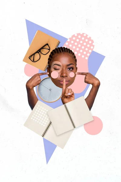 Verticale Poster Collage Van Meisje Hoofd Notebook Geïsoleerd Het Schilderen — Stockfoto