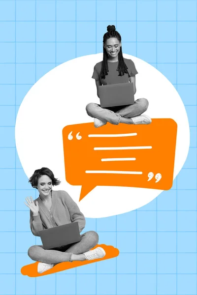 垂直創造的なコラージュの写真2人の美しい女の子のビデオ通話で話している青の色の背景に孤立したソーシャルメディアチャット — ストック写真
