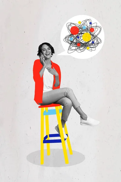 Kreatif Poster Kolase Ceria Lucu Ceria Wanita Muda Duduk Kursi — Stok Foto