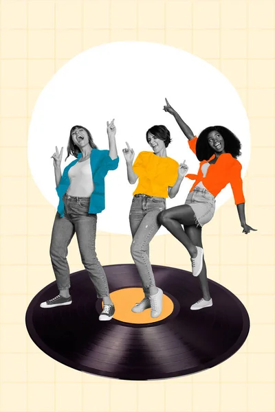 Vertical Foto Colagem Criativa Ilustração Três Amigos Meninas Dançando Festa — Fotografia de Stock