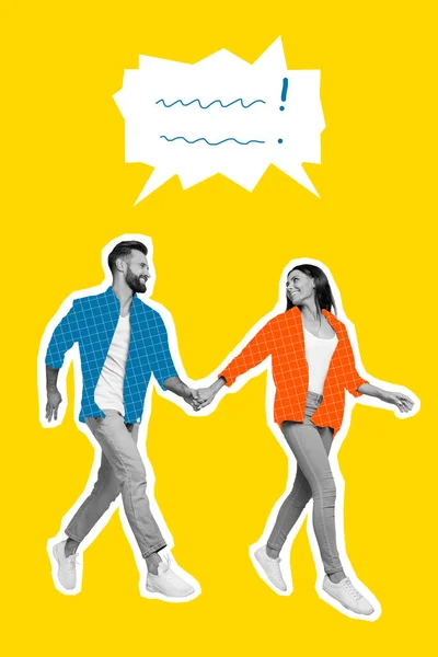 Коллаж Изображает Гуляющую Супружескую Пару Говорящую Речевым Мыльным Пузырем — стоковое фото