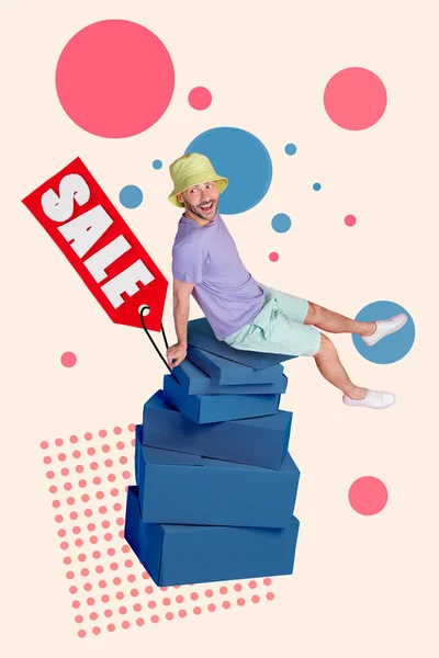 Vertical Creative Collage Photo Funny Satisfied Guy Sit Boxes Buy — Stock Photo, Image